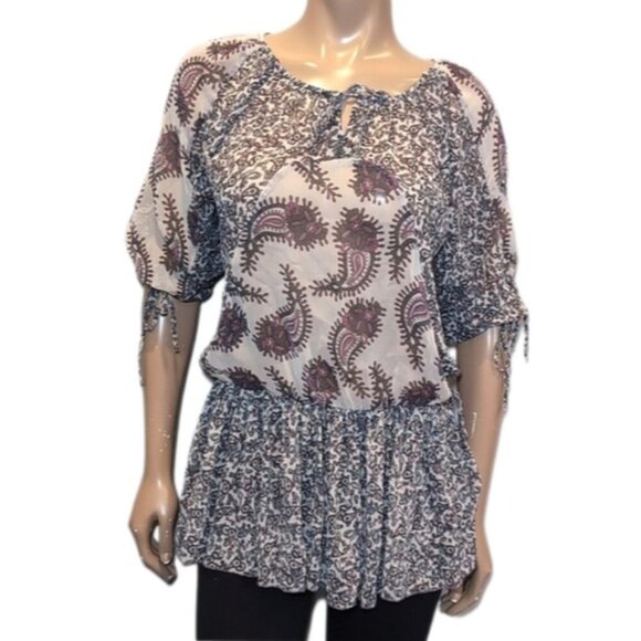 SAMSARA Paisley Boho Tunic Top Sheer Tie Sleeve Peplum Off Shoulder Flowy Blouse - Picture 1 of 13